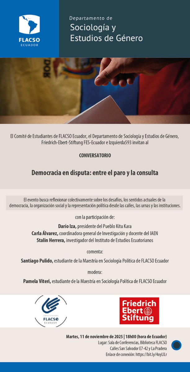 Mañana, 11 de nov, tendremos este conversatorio sobre Paro Nacional y Consulta Popular en Ecuador 🇪🇨. Con la participación de Darío Iza (<a href="/daroizap/">Darío Iza P.</a>),  Carla Álvarez, Stalin Herrera. Comenta Santiago Pulido (<a href="/pulidios69/">Santiago Pulido Ruiz</a>) y modera Pamela Viteri (<a href="/PameViteri/">Pame Viteri☭</a>). Retransmisión por FB.
