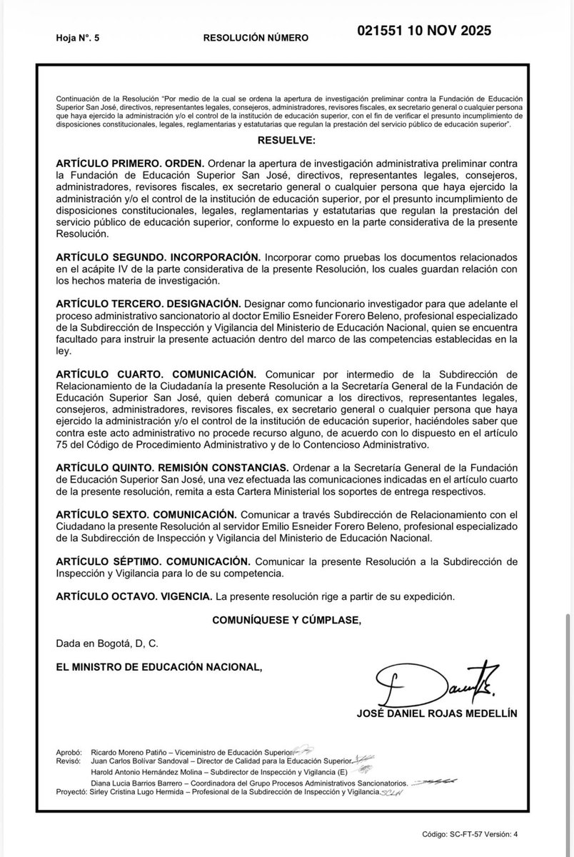UltimaHoraCR's tweet image. El Ministerio de Educación abrió una investigación contra la Fundación Universitaria San José, sus directivos y representantes legales, por el presunto incumplimiento de las disposiciones constitucionales que regulan la prestación del servicio de educación superior. 

Se…