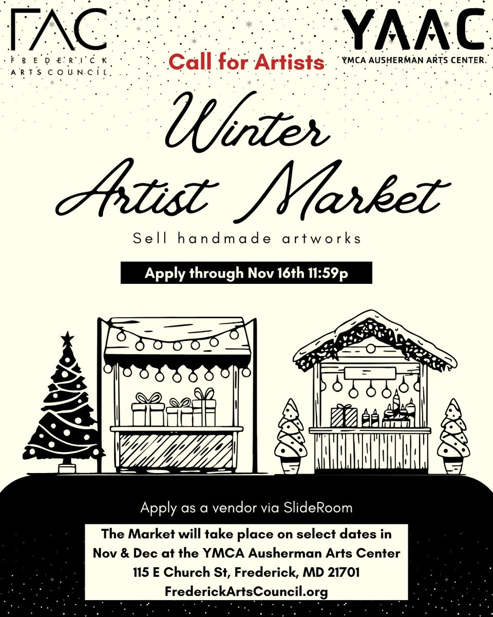 Become a vendor for FAC's holiday winter market in partnerhsip with the YMCA Ausherman Art Center! Several dates available for sign-up in November and December. Application open through November 16th, 11:59p on SlideRoom.
frederickartscouncil.slideroom.com/#/login/progra…