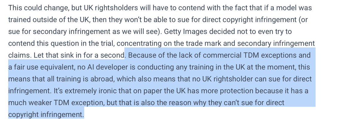 interesting explanation of regulatory chilling effects - No AI training in UK because of overstrict regime, which means that UK creators who might have a valid case otherwise, can't bring a suit at all! h/t <a href="/MBarczentewicz/">Mikołaj Barczentewicz</a> 

technollama.co.uk/getty-images-v…