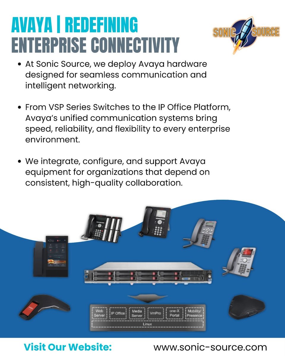 SourceSoni25436's tweet image. From core networks to corporate boardrooms — Sonic Source delivers Avaya hardware that unites your entire organization.

Experience scalable switching, unified communications, and superior performance through a brand trusted worldwide.
.
.
.
.
#sonicsource #avaya