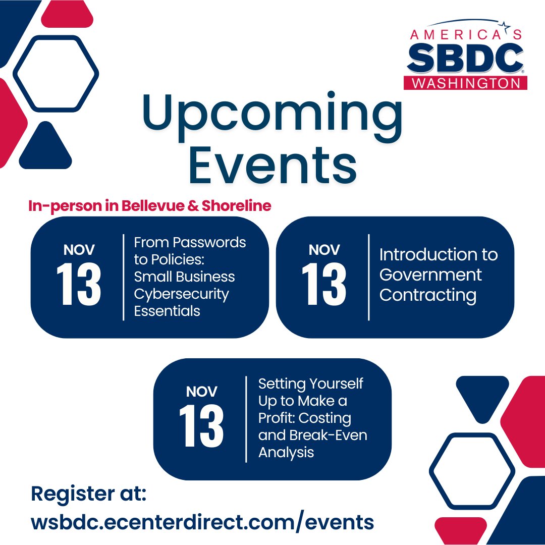 Here's this week's schedule of #SBDC webinars and workshops. Register now → wsbdc.ecenterdirect.com/events

#Entrepreneur #SmallBiz #SBDC #Washington