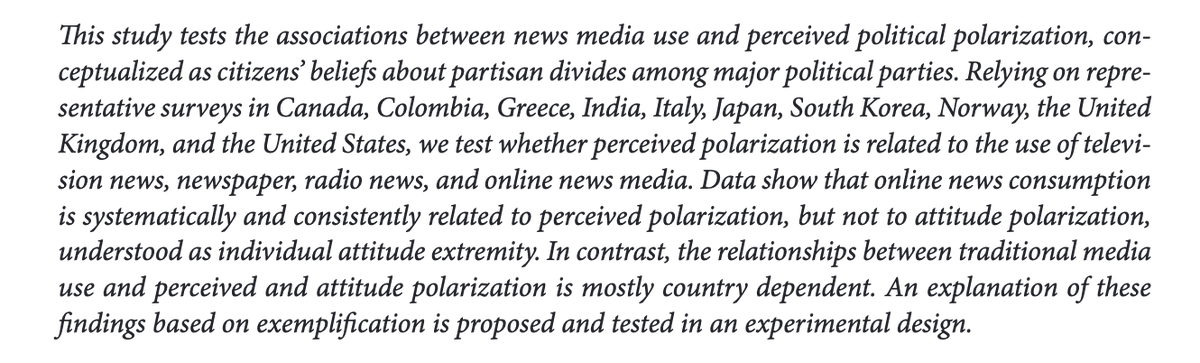 jayvanbavel's tweet image. Online news consumption is systematically and consistently related to perceived #polarization across 10 countries, but not to attitude polarization (ie attitude extremity) 

The effects of traditional media on polarization vary by country: onlinelibrary.wiley.com/doi/epdf/10.11…