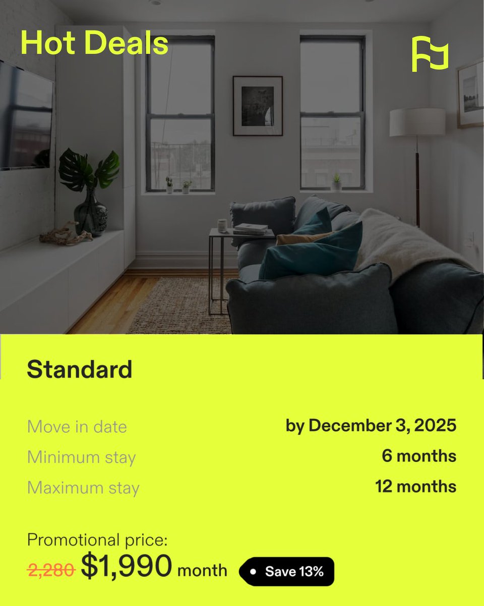 HOT DEALS:  The Greenpoint House
📍 Brooklyn
Promotional price
$1,990 month  

outpost.me/hot-deals