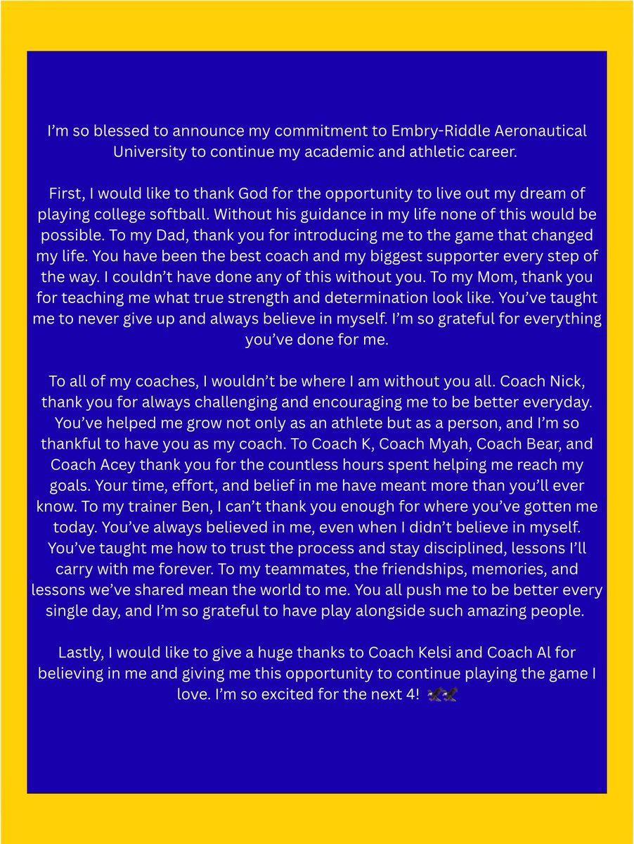 I’m so blessed to announce my commitment to Embry-Riddle Aeronautical University! So excited for the next 4 🦅🦅<a href="/coachkelsid/">Kelsi Dunne Diaz</a> <a href="/AllyneClark/">Coach Al</a> <a href="/FCyeary/">Firecrackers Yeary 18u</a> <a href="/HuskySoftball/">Hagerty Softball</a> <a href="/TrainDSP/">DeLaCruz Sport Performance</a> #SoarEagles