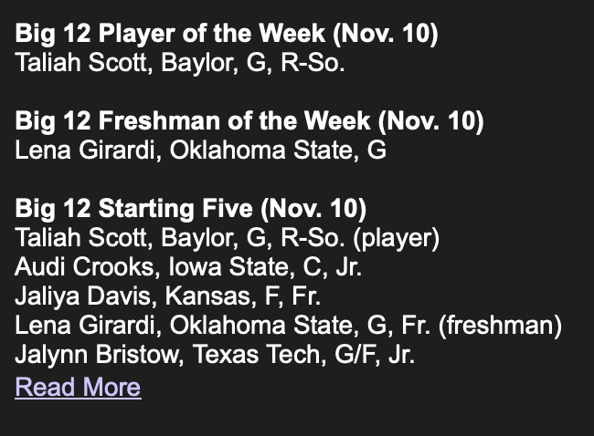 KU women's basketball freshman forward Jaliya Davis was named to the Big 12 Starting Five for the first week of the season.

Davis had 10 pts. against Kansas City in Wednesday's regular season opener and 28 pts. versus Northwestern State yesterday afternoon. #kuwbb