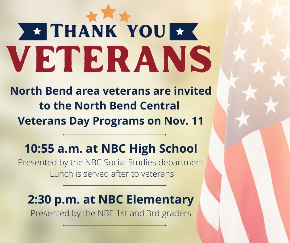 🎖️ Honoring Our Heroes! 🎖️
North Bend Central invites all local veterans to our Veterans Day programs at both buildings. Join us as we celebrate and thank those who have served!