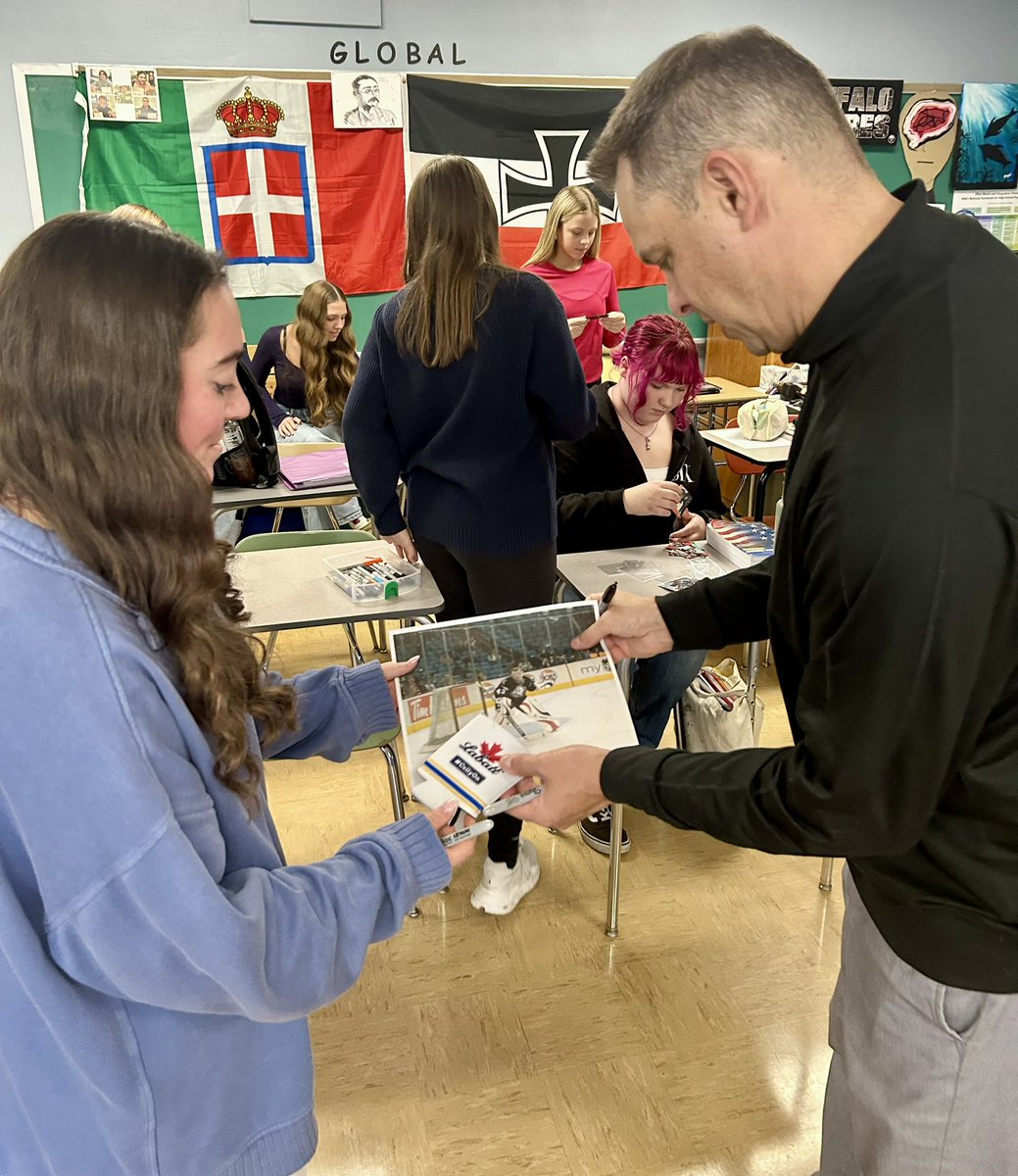 RossiPsycGlobal's tweet photo. Another fun AP Psych visit at LHS from Sabres alumni &amp; broadcaster Marty Biron in the books the day before Veterans Day! Marty’s son’s a West Point cadet. Many thanks to all the students and administration for today’s recognition. Have a good Veterans Day to all who’ve served. https://t.co/Gy6cv5W5Nv