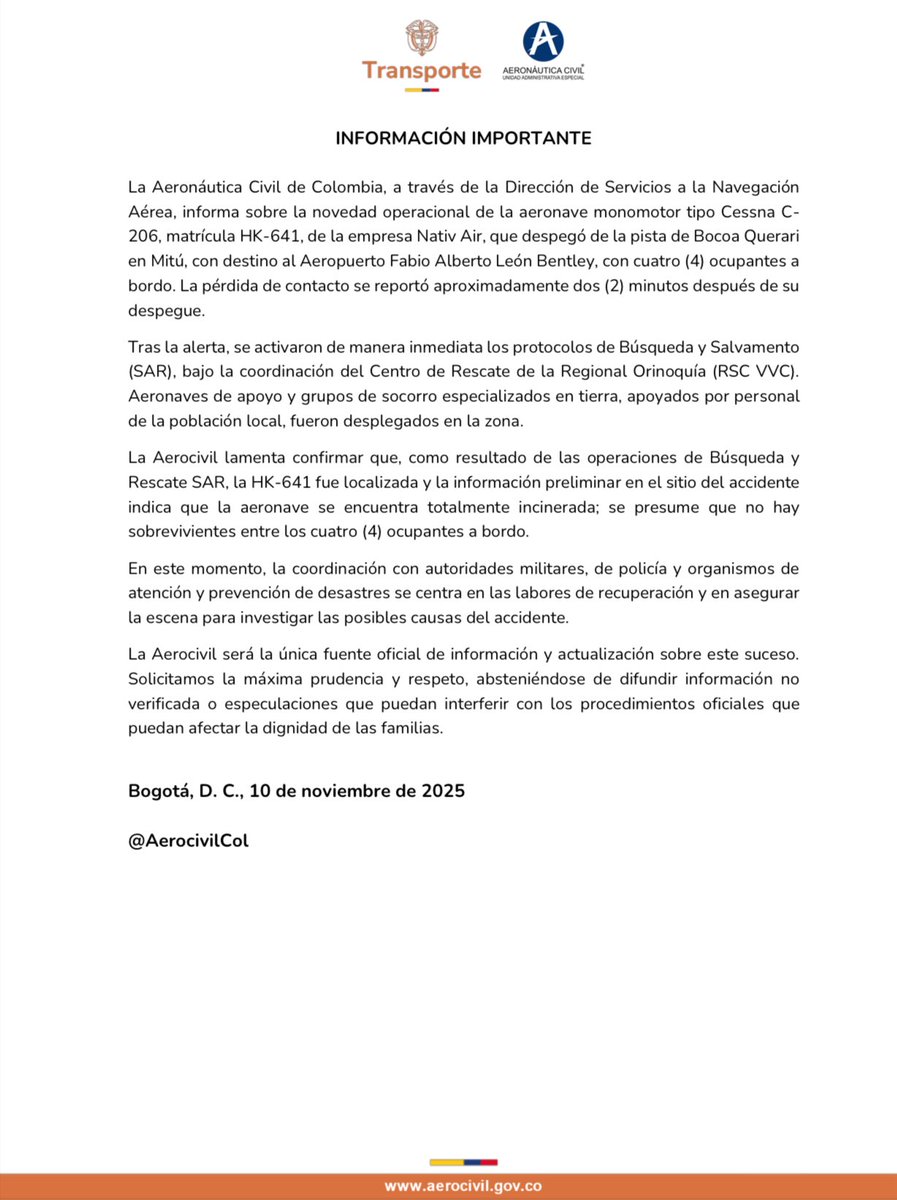 DIACC_COL's tweet photo. #InformaciónImportante🚨 

🚨 La @AerocivilCol lamenta informar que la aeronave Cessna C-206, matrícula HK-641 de la empresa Nativ Air, fue localizada totalmente incinerada tras las operaciones de búsqueda y rescate. https://t.co/VBOyj6NDsn