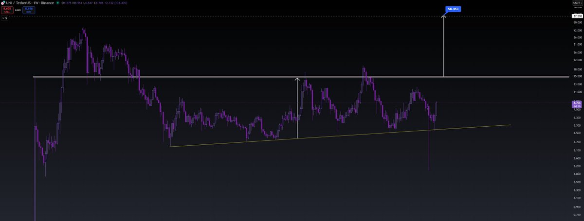 TradesTyr's tweet photo. I have been calling $UNI shots for almost two years now. With today’s $UNI burn protocol proposal coming in along with this massive long term ascending triangle formation on the weekly chart my conviction in Uniswap has never been stronger.

I genuinely believe $UNI is heading well beyond $50. To keep myself accountable I will say this, 

''If @Uniswap  doesn’t tick $50 by this time next year I will delete my account.''

 And trust me I am being conservative here because I really like my Twitter account.

Honestly given how strong Uniswap’s holders have always been and after October 10 flush of any weak hands I will not be surprised if $UNI crosses $50 before this year ends or at the latest by the first quarter next year.