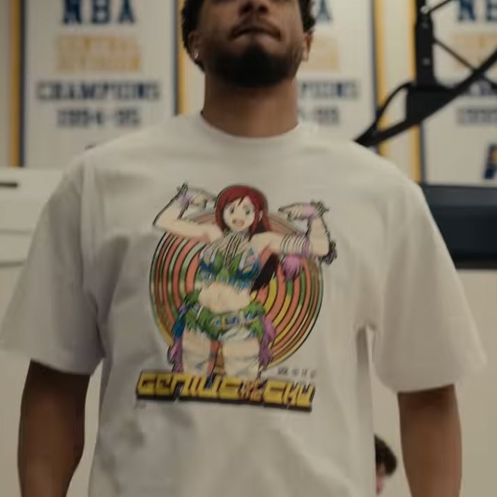 Tyrese Haliburton wearing an Iyo Sky shirt in his latest YouTube video