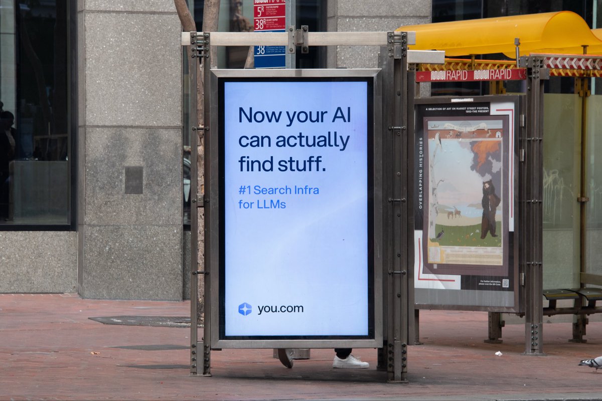 youdotcom's tweet photo. Did you catch us in San Francisco? 👀 

We just launched ⚡ 55 digital shelters ⚡ in the Bay Area, highlighting how we're the #1 AI Search Infrastructure for enterprises and how our modular platform combines composable agents and Search APIs with enterprise-grade accuracy, trust, and flexibility.

Snap a photo and tag us if you spot @youdotcom in The Bay! 🎉 📸