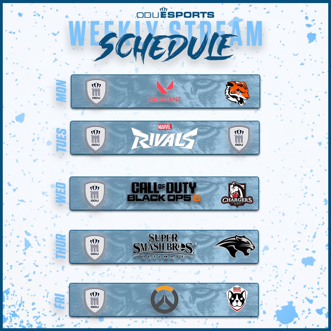 This weeks Stream Schedule🎥 , Something interesting about the Tuesday match though👀

Tune in for this weeks selection of streams!

#oduesports #overwatch #smashbros #valorant #collegiateesports #codblackops6 #marvelrivals