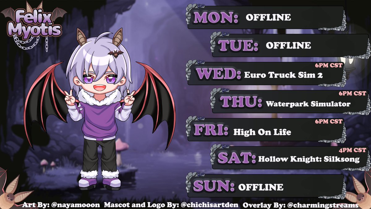 FelixMyotisVT's tweet photo. Schedule for this week! Might change due to work though but i shall keep you posted. Hope everybody is having a great day! 💜🦇 https://t.co/DNxXkF4Nx6