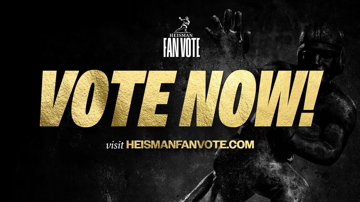 HeismanTrophy's tweet photo. Help choose which player will represent the voice of the fans on an OFFICIAL HEISMAN BALLOT, counted as part of the overall Heisman vote🏆
Cast your vote on socials by posting🔽
"@HeismanTrophy I want to vote for #PlayerName"
Vote on our website👉https://t.co/nJj0lVj4If https://t.co/61WvlcLd1o