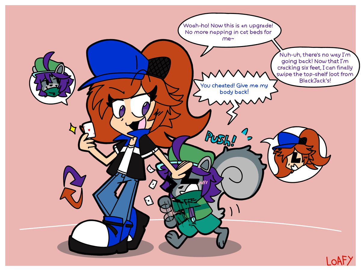 LoafyLoaves's tweet image. Comm for @B0dySwapRobot!

Kendal bets it all in a game of cards, but with Mooch as your opponent, the sneaky squirrel always gets her way! One literal ace up her sleeve, and the two swap! Kendal can&apos;t catch a break &quot;^^

#BodySwap #Bodyswapart