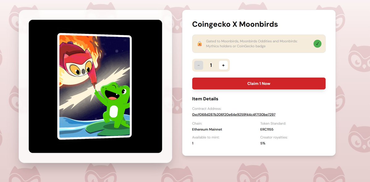 Cosmos_Airdrops's tweet image. Mint Moonbird NFT with CoinGecko 🪂

There’s a new free SBT Moonbird to claim on CoinGecko!

What to do:
1️⃣ Visit: coingecko.com/en/nft/moonbir…
2️⃣ Log in
3️⃣ Add it to your watchlist
4️⃣ Claim the NFT

Mint cost is around $1, and who knows, it might mean something soon 👀