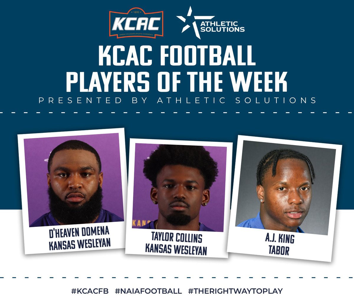 kcacsports's tweet photo. D'Heaven Domena and Taylor Collins, both of @kwucoyotes, and A.J. King of @GoTaborBluejays Earn KCAC Football Weekly Honors, presented by @ath_solutions! #KCACfb #NAIAFootball #TheRightWayToPlay

https://t.co/jsMhQKqVCu

@NAIA @NAIAFBALL @NAIAFootballVSN https://t.co/QpQK7FOdXA