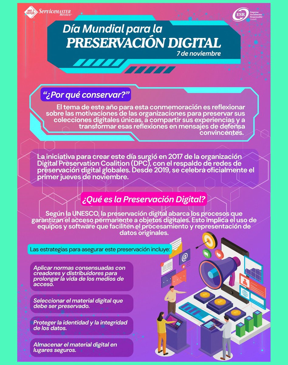 ServiceMasterM7's tweet image. ¿Por qué celebramos el Día Mundial de la Preservación Digital? Para concientizar sobre las estrategias necesarias para mantener nuestra herencia digital accesible y utilizable. 📚 

Desde empresas hasta archivos personales. ¡Todos somos parte! 🌎

#ESR #servicemastermexico
