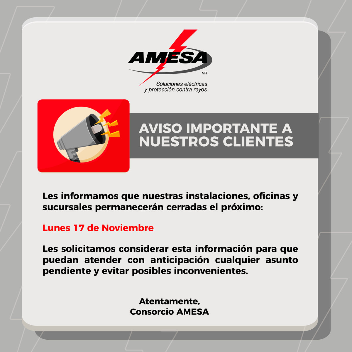 Aviso Importante 📢

Nuestras instalaciones estarán CERRADAS el próximo Lunes 17 de Noviembre.

¡Agradecemos su comprensión!"