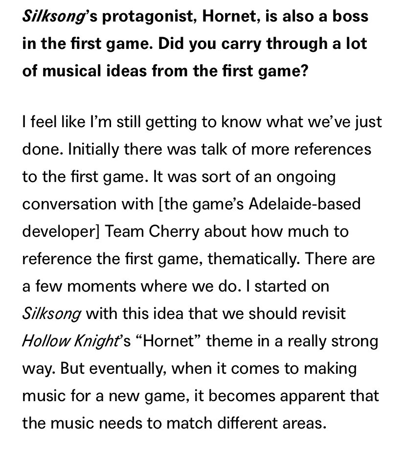 Really cool new interview with Christopher Larkin about the Silksong soundtrack on Bandcamp :O

Super interesting stuff!