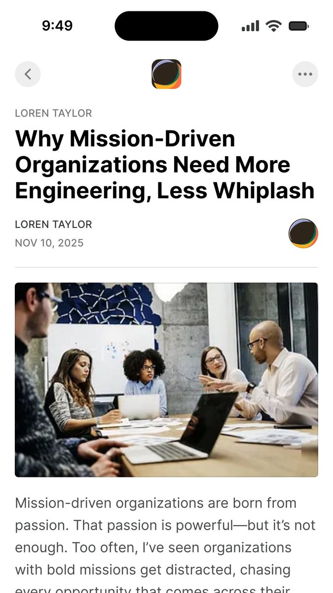 Custom_Taylor's tweet photo. Too many mission-driven organizations spend precious resources being pulled in every direction except the most strategic ones. 

Check out Loren Taylor’s post on how to avoid the whiplash by adopting an engineering mindset.

https://t.co/fOWH0ZxFBd https://t.co/QcC0oofvq6