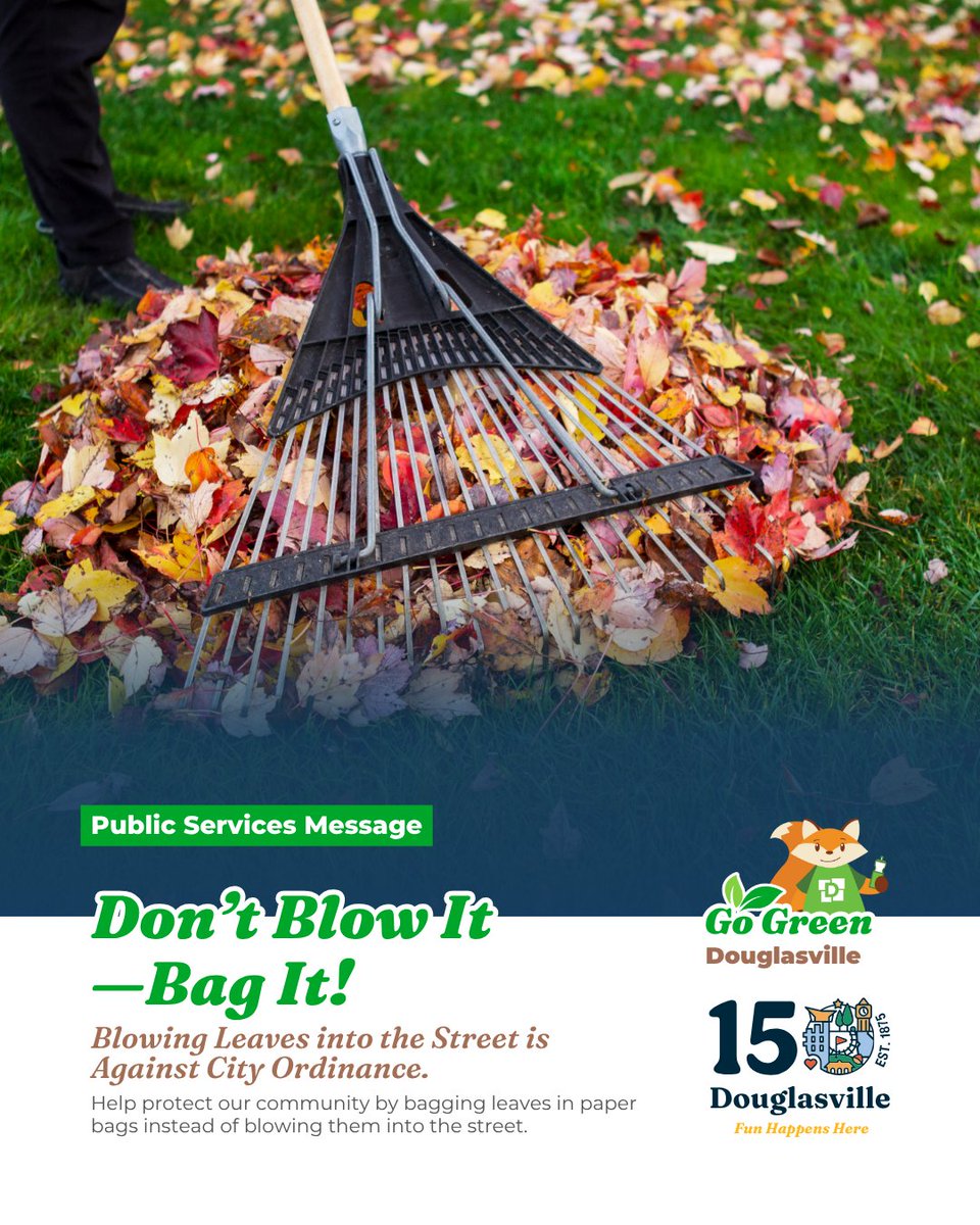 🍂 It’s against City ordinance to blow leaves into the street — it’s unsafe &amp; blocks storm drains. Bag them in paper bags &amp; place curbside for pickup on your trash day (no extra cost). Street sweepers run routinely through fall/winter. #KeepDouglasvilleBeautiful
