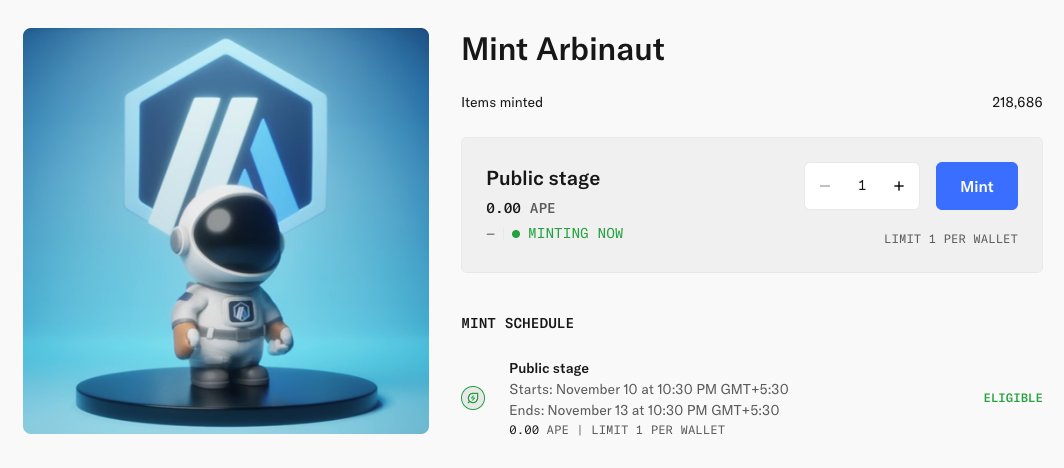 Mint Your Free Arbinaut NFT by Arbitrum! ⚡️

Arbitrum has launched a free Arbinaut NFT on ApeChain to celebrate the Arbitrum x ApeChain partnership.

✅ Mint yours here: opensea.io/collection/arb…

- Minting ends: 13 November
- Free mint
- Just pay the tx fee (~$0.0011)

You can