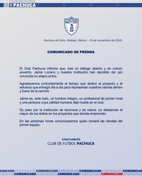 Official press release document from Club Pachuca de Futbol with club logo at top left showing a stylized eagle emblem and text Pachuca above it. Document titled Comunicado de Prensa dated Mexico 10 November 2025. Body text announces termination of Jimmy Lozano contract as Director Tecnico for first team thanks him for professionalism and wishes success. States directive will seek new coach to advance in Play in rounds. Signed by Club Pachuca de Futbol at bottom with multiple club logos.