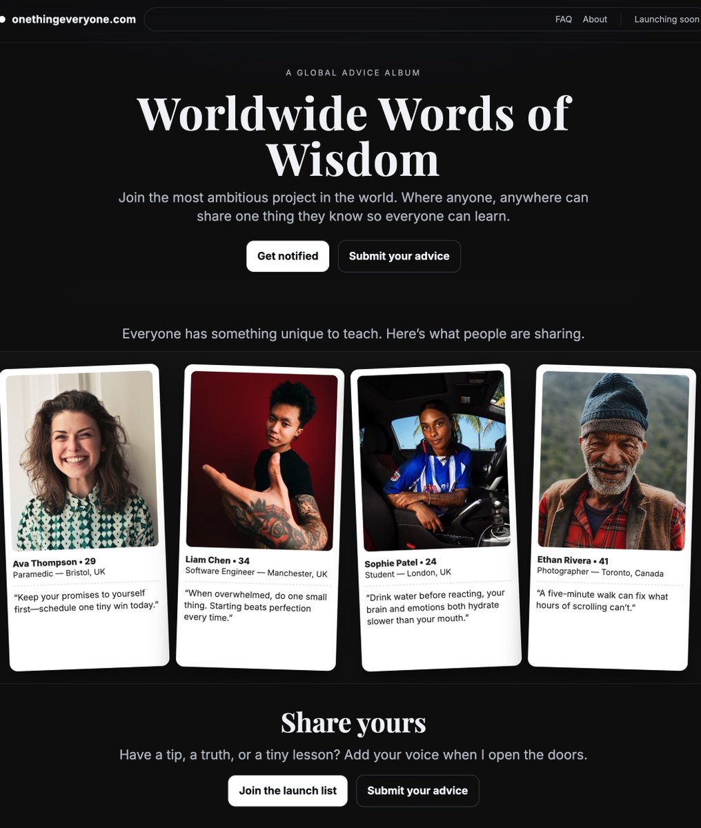 taiomi's tweet photo. Is this my most ambitious project yet?

What’s one thing you wish everyone knew?

I’m collecting one insight per person, from everywhere.

Share yours &amp; read others: https://t.co/RhqEgd9XZy https://t.co/eEEcoWPVVj