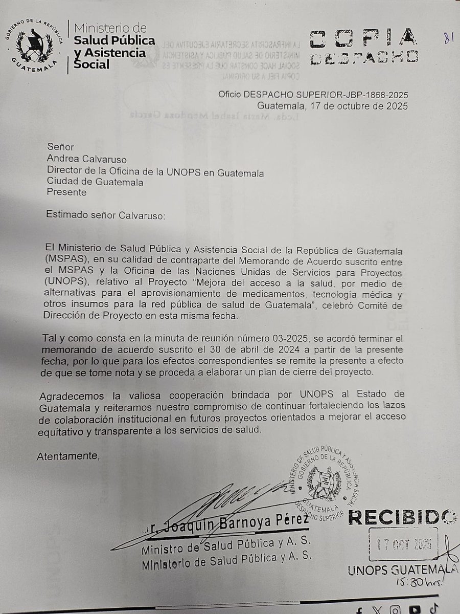 dcuevas_pl's tweet image. El @MinSaludGuate notificó al @MPguatemala qué el convenio con UNOPS finalizó el 17 de octubre, días antes que el caso fuera judicializado. Joaquín Barnoya, ministro de Salud, dijo en una citación del 30 de octubre, bajo juramento, que el convenio con UNOPS estaba en análisis.
