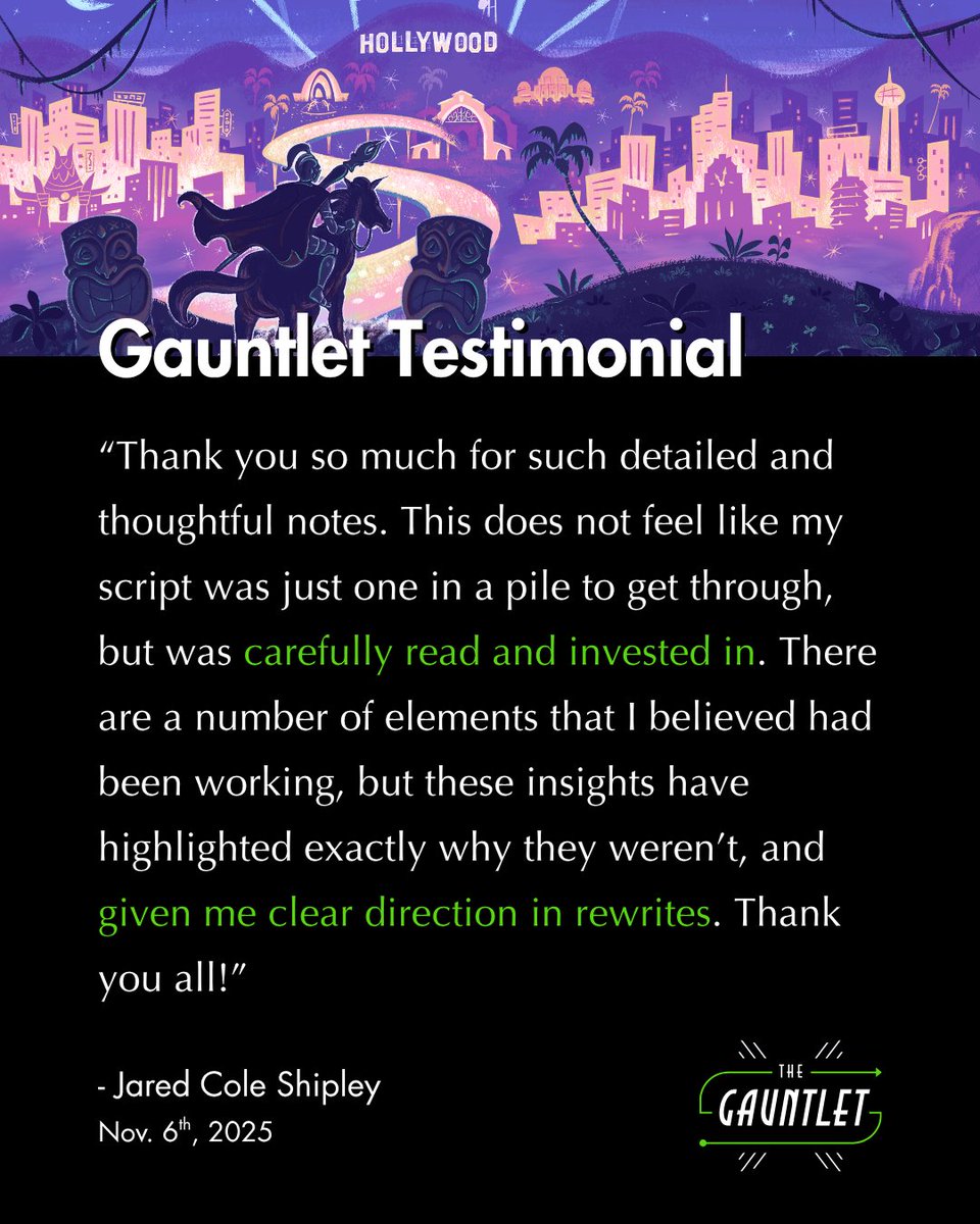 ScriptHop's tweet image. Friendly reminder, Gauntlet readers can’t use AI to assess your script.

Only human readers can “carefully read and invest in” your script.