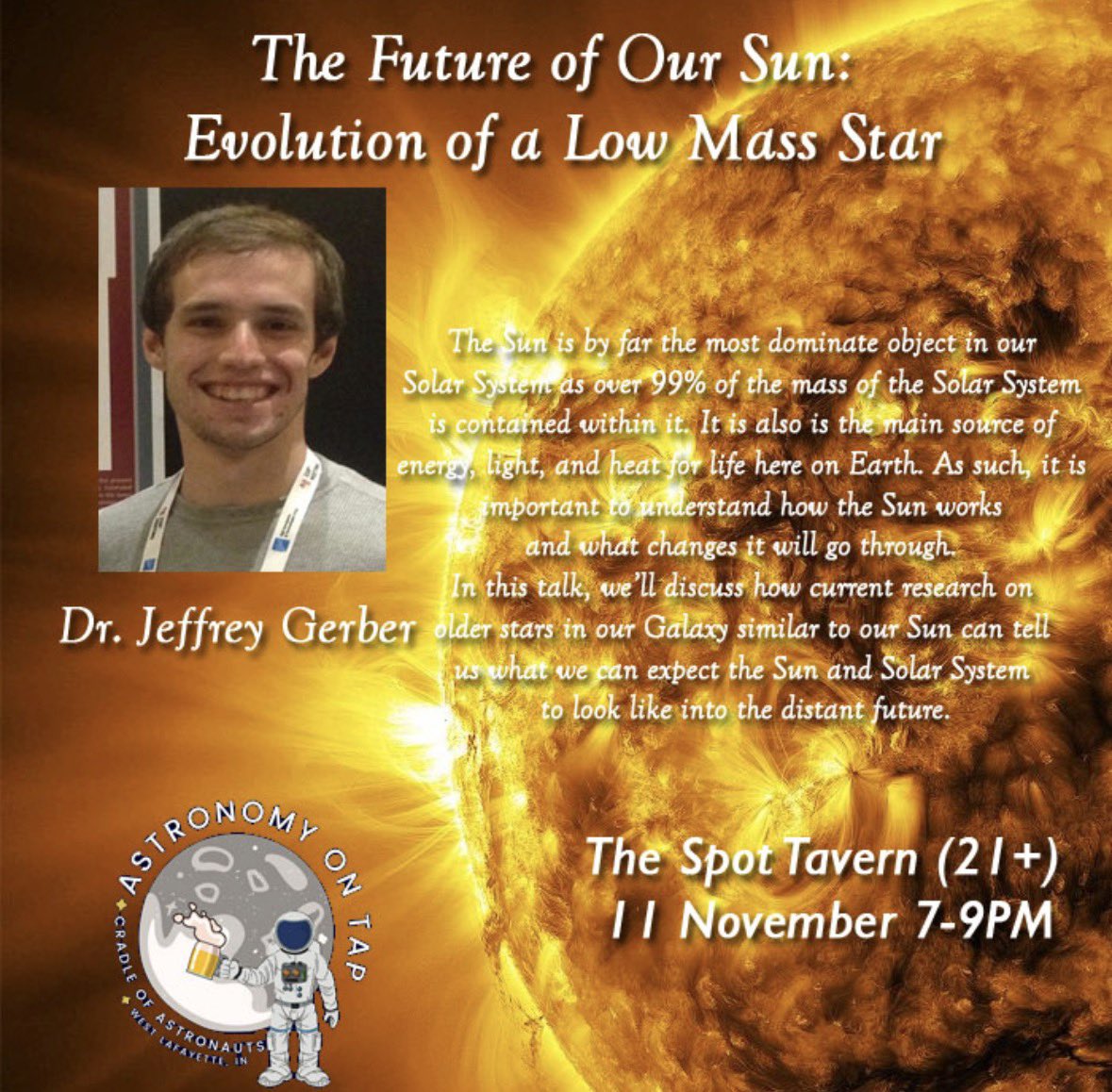 AoT_CoA's tweet photo. Dr. Gerber will be discussing how our Sun works and what its future looks like! https://t.co/61B6LKj23k