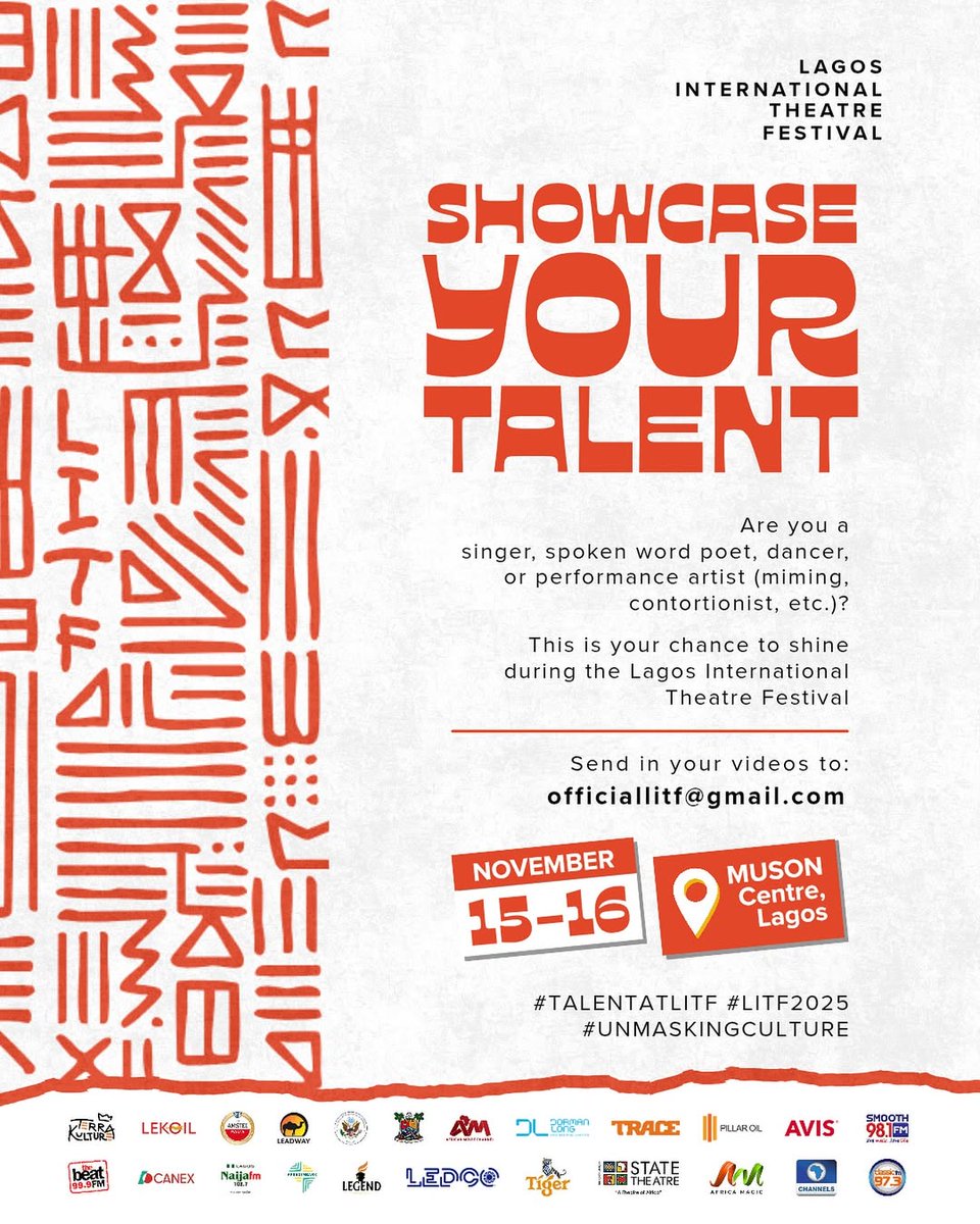 shellosmedia's tweet image. Opportunity for singers, dancers, spoken word poets, performing artists to showcase their talent at Lagos International Theatre Festival 

Tag someone 

Share 

#shellos
#shellosmedia