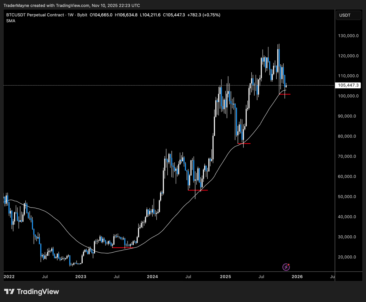 $BTC

We've have a bullish weekly SFP at the 50 week MA at every major low so far this cycle. 

$25k, $50k, $75k and now we have put one in at $100k. 

Will history repeat?