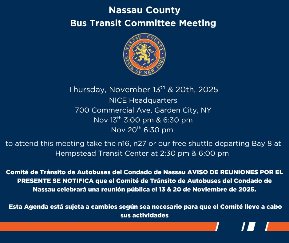 Nassau County's Bus Transit Committee will hold public meetings on Thursday November 13th and November 20th.

For more information and to make public comment please visit

nicebus.com/Passenger-Info…
