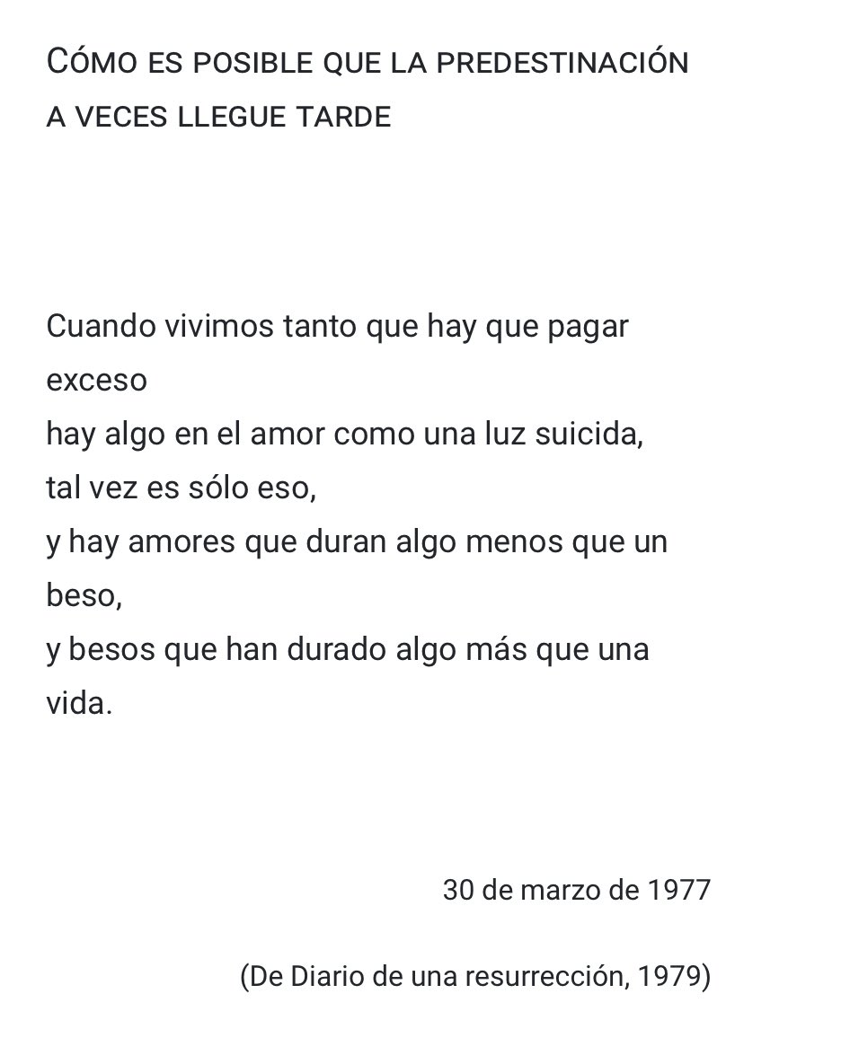 Es un texto precioso de Luis Rosales. El título, aunque extenso: “Cómo es posible que la predestinación a veces llegue tarde”, ya contiene toda la melancolía del poema: el tiempo, el amor y lo que no pudo ser.