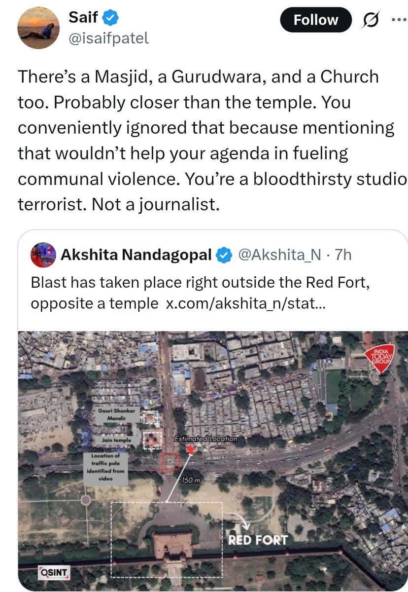 Incognito_qfs's tweet photo. Jama Masjid is 950 meters away from the blast spot.

Sunehri Masjid is 1 km+ away from the blast spot.

Gurdwara Shish Ganj Sahib is 600 meters away from the blast spot.

Chuch is around 650 metres form the blast spot.

Shri Gauri Shankar temple is around 20 metres away from the blast spot.

But Saif Patel wants you to believe that blast site is closer to Masjid, Church and Gurudwara. 🤷

Conclusion: Saif Patel is trying to say that the muslim terrorists were secular and they probably would have attacked Masjid as well.