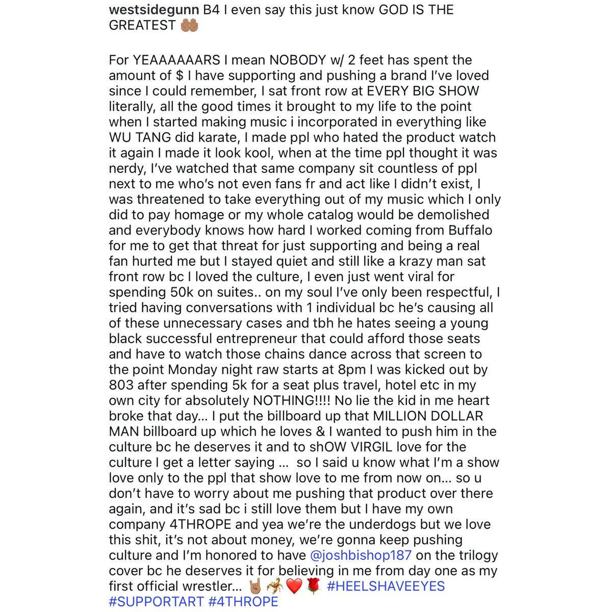 XXL's tweet image. Westside Gunn says he’s officially done supporting WWE after years of loyalty, following his recent removal from an event. Gunn says the company disrespected him and even threatened his music catalog.