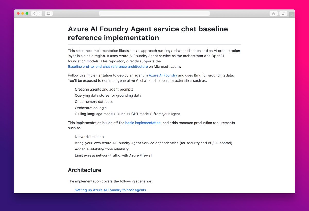 essamamdani's tweet image. Azure AI Foundry baseline for chat apps. Orchestrates AI agents, uses OpenAI models, and Bing for grounding.

#AzureAI #GenerativeAI #ReferenceArchitecture