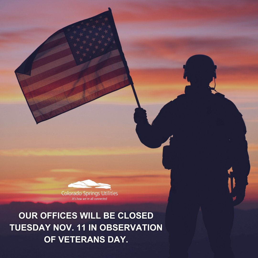 CSUtilities's tweet image. In honor of Veterans Day, our offices will be closed tomorrow, Tuesday, Nov. 11. 

To report and track outages, visit bit.ly/4qTt3FY. If you have a utilities emergency, please call 719-448-4800.