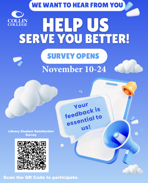 👋<a href="/collincollege/">Collin College</a> students, your Libraries appreciate your ideas to help serve you better. Please give us some feedback! Survey here: online2.snapsurveys.com/interview/03d7…