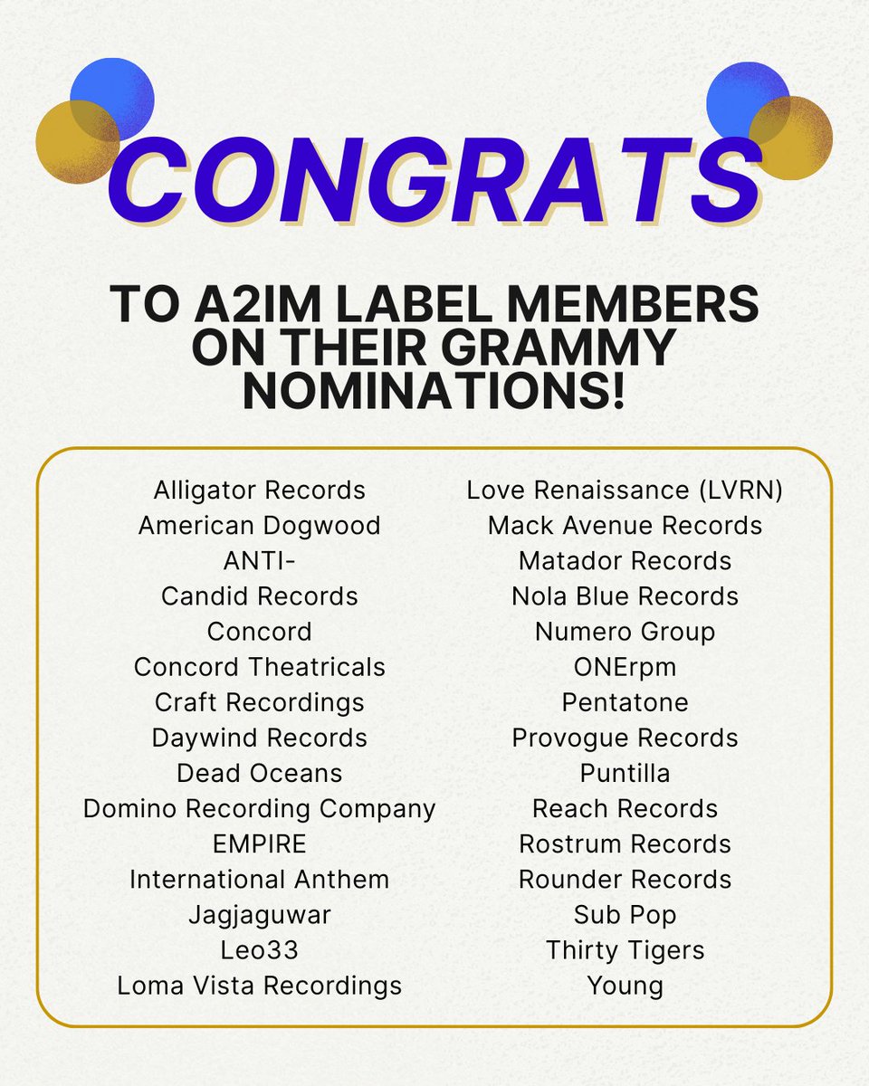 Half of this year’s GRAMMY nominees are representing the independent music community! Congratulations to all of the nominees, and a special shoutout to our member labels recognized at the 2026 GRAMMY Awards! ✨