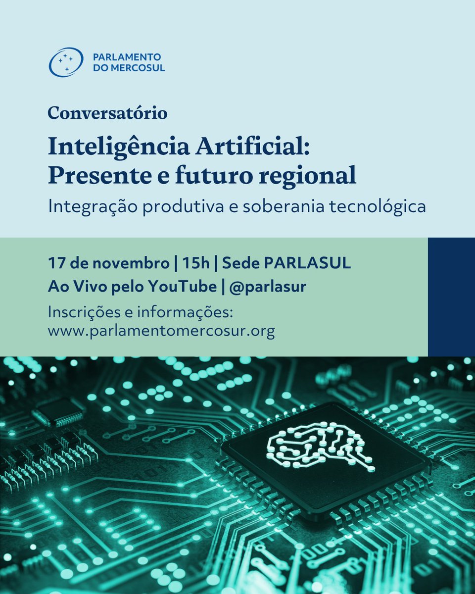 PARLASUR realiza Conversatorio sobre: Inteligencia Artificial

🗓 Lunes 17/11
🕘 15h 🇺🇾
📍 Sede PARLASUR
💻 Modalidad híbrida
🎙 Participa la Dra <a href="/MilagrosMiceli/">Milagros Miceli</a> de <a href="/DAIRInstitute/">Distributed AI Research Institute is on Mastodon</a> y el equipo de <a href="/retinarARG/">retinar</a>

🔗 Inscripciones abiertas en nuestra web
parlamentomercosur.org/innovaportal/v…