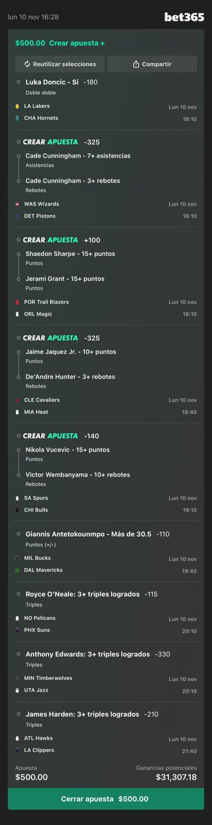 Sale banda lo prometido es deuda les dejo el parlay de Props de NBA 🏀🏀🏀

Dejen su like ❤️ y su RT 🔁 si me van a seguir en este parlay se ve rico los veo en cajas 🤑🤑🤑

Agregar a su boleto de apuestas: bet365.mx/s/r/RsSgS