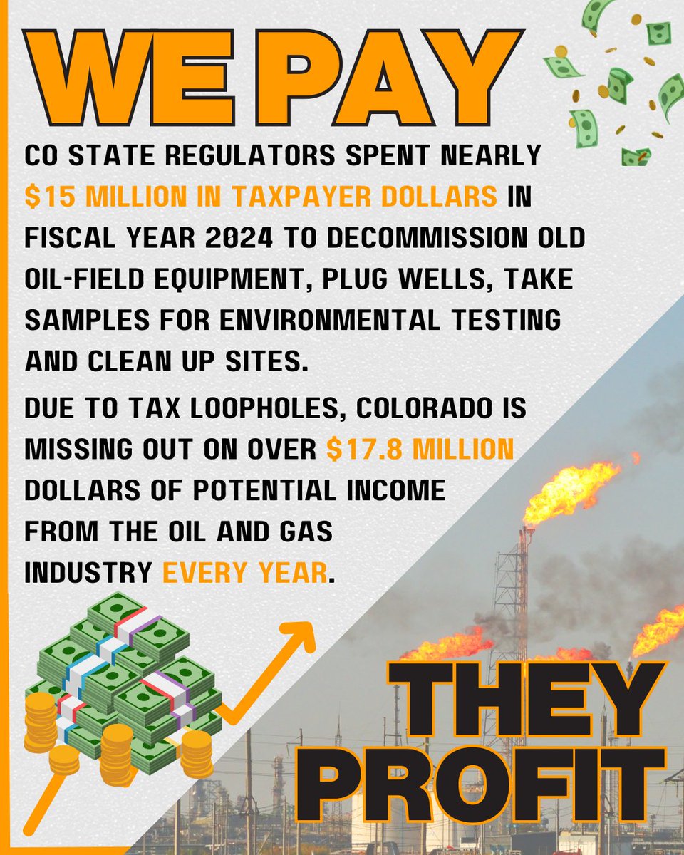 We pay. They profit. CO gives oil &amp; gas billions in tax breaks while we foot the cleanup bill. Time to close the loopholes and make polluters pay. CO’s oil &amp; gas tax breaks cost us millions every year. Why are we subsidizing pollution? Learn more below: whatthefrack.substack.com