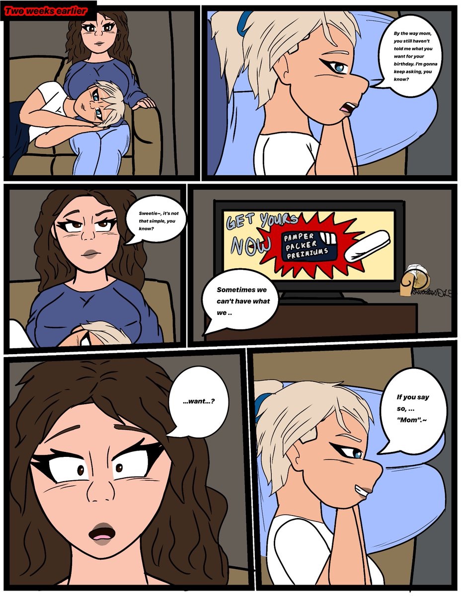 PowerlessDL50's tweet photo. [Backlog Commission]

"The Birthday Present" pages 1-4 Comic Commission for Pysches, featuring a young woman Liah and her mother Abigail as she gets the Ultimate birthday present😏 (these are old so yes my art changes over the course of these pages😭)

#PowerlessDL50 #diapergirl #diaperlovers #abdl