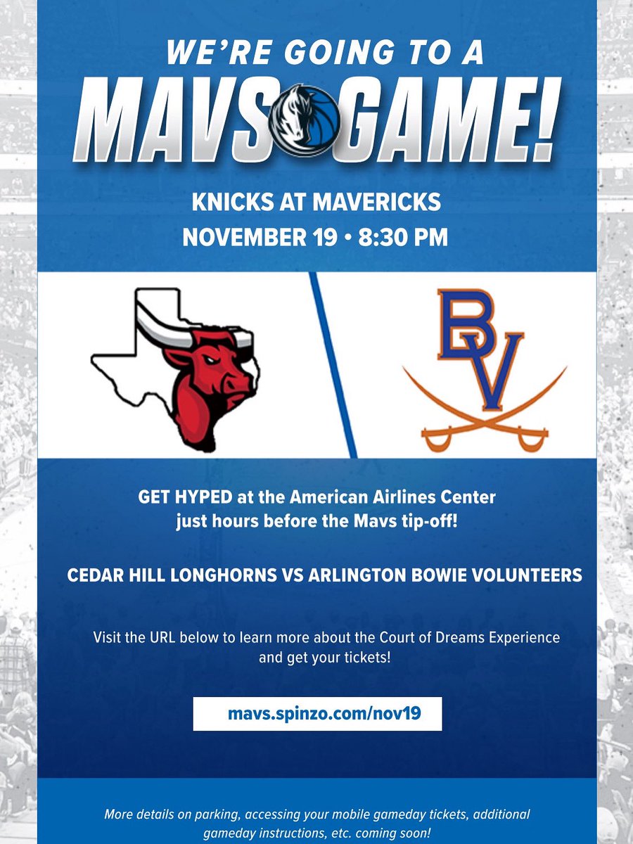 We will take on Arlington Bowie on November 19th at 2:00 PM at the American Airlines Center.  The tickets will cover the high school game and the Mavs vs Knicks game at 8:30 PM.

<a href="/MavsOffCourt/">Mavs Off-Court</a> 
<a href="/cedarhillisd/">Cedar Hill ISD</a> 

mavs.spinzo.com/cedar-hill-lon…