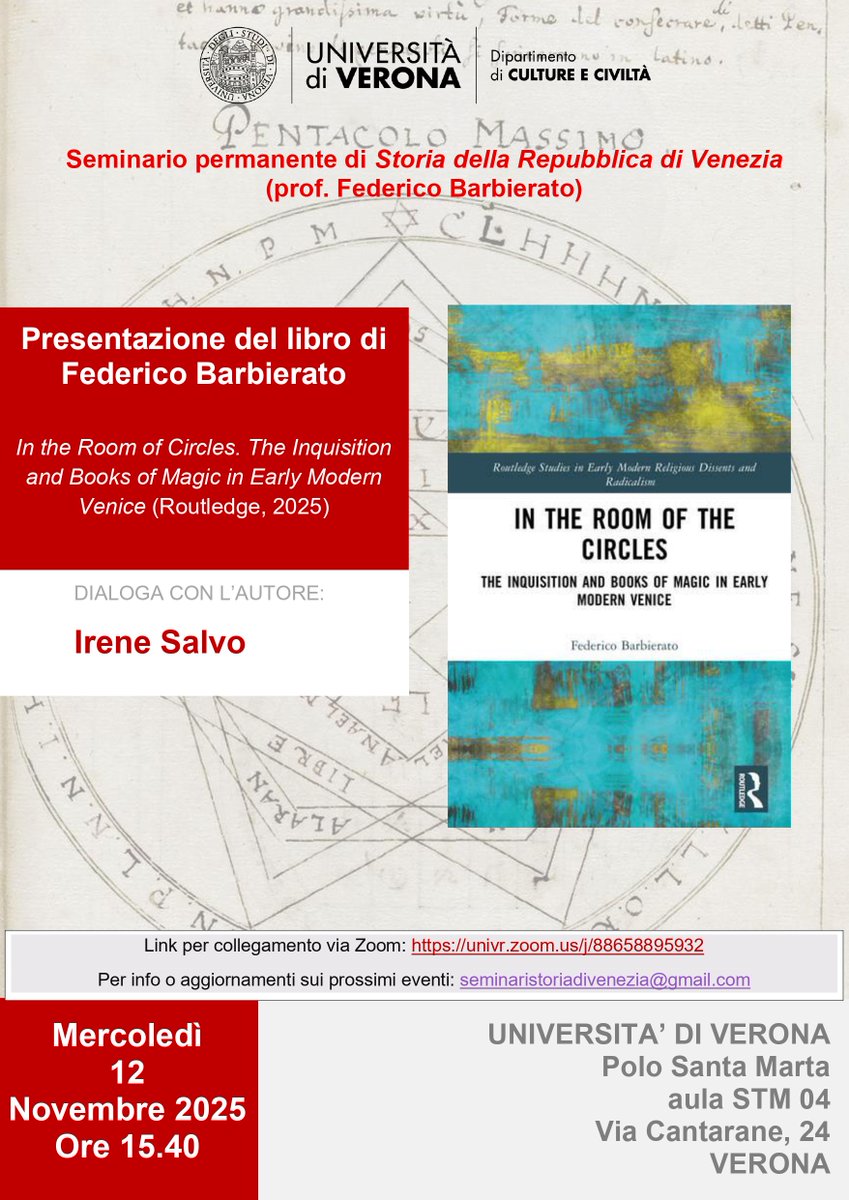 _EMoDiR_'s tweet photo. 📌Wednesday, 12 Nov
Presentation of Federico Barbierato's new translation and edition of : In the Room of the Circles (Routledge, 2025)
📍 University of Verona |⏰15h40  
💻Join on Zoom : https://t.co/HUX5iNeD8J
More details 👇

#EarlyModern #BookRelease #MagicStudies https://t.co/uxSpXAn6NU