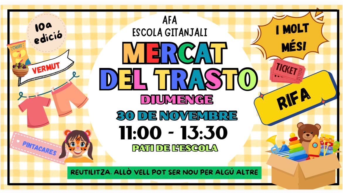 📣 Families, veïnes i veïns del barri! Marqueu a l’agenda el 30 de novembre!

Arriba el X Mercat del Trasto!!!

Hi trobareu tota mena de gangues, vermut, rifa i moltes més sorpreses. 
Un dia ideal per fer comunitat. No us ho perdeu!!